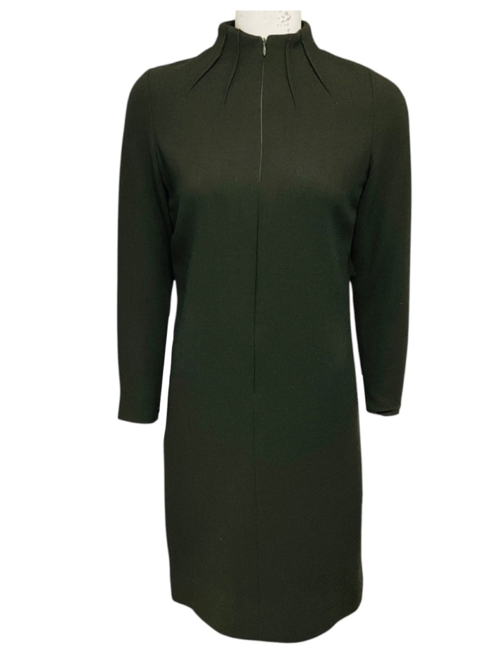 Bill Blass Vintage Olive Green Long Sleeved Zip Front Wool Gauze Dress